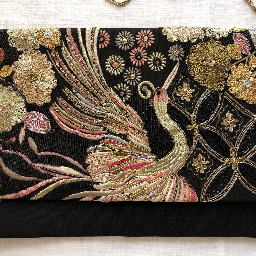 Steve Madden Embroidered Black Clutch with Gold & Pink Accent